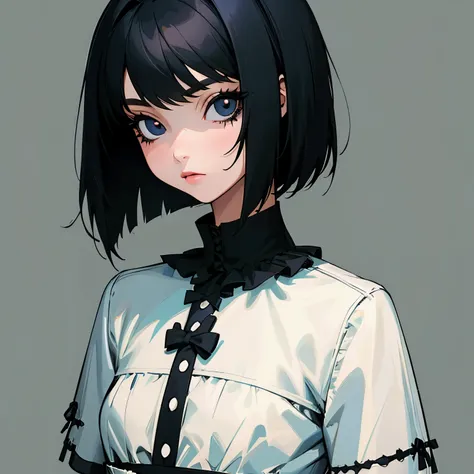 1 girl, black hair, black eye,simple background,gothic fashion,bob hair,anime drawing