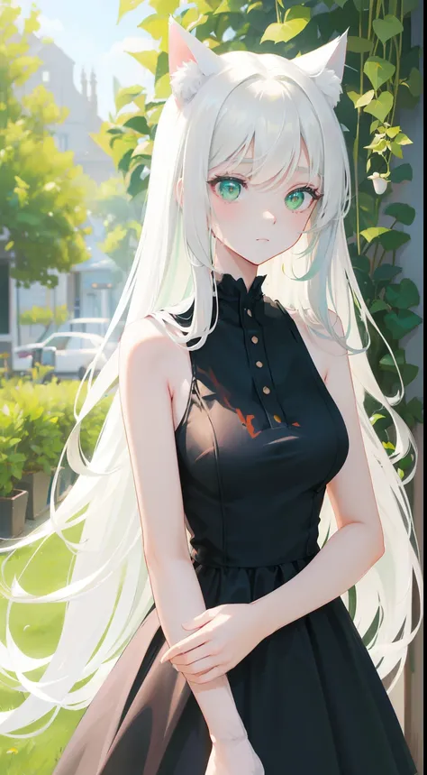 cat, девушка cat, cat&#39;s ears, cat tail, white tail, long hair, White hair, green eyes, black dress, fitting dress, Short dress, sleeveless dress, Big breasts
