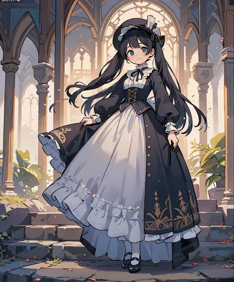 (masterpiece、highest quality、highest quality、official art、beautiful beautiful:1.2)、(1 girl:1.3)Hatsune Miku、twin tails,big breasts,Arabian woman in dress and hat with suitcase on stairs, victorian gothic lolita fashion, lolita style, victorian style costum...