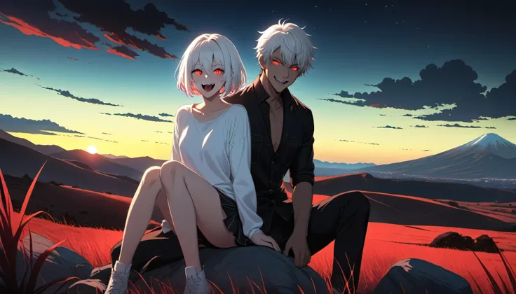 1 girl, alone, looking at viewer, smile, short hair, open mouth, red eyes, 1 boy, hair between eyes, white hair, teeth, tongue, shiny, colored skin, fangs, landscape, glowing eyes, full body, eye Bright, Darker Light