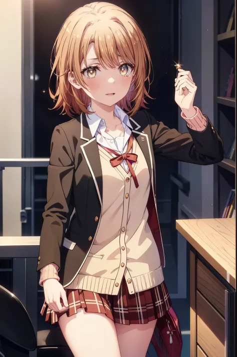 irohaisshiki, Isshiki Iroha, short hair, light brown hair, (Brown ruby eyes:1.5), smile,tears run down her face,tears of joy、I cry a lot、break skirt, shirt, ribbon, , Jacket, white shirt, open clothes, socks, open Jacket, black Jacket, plaid, knee high, pl...