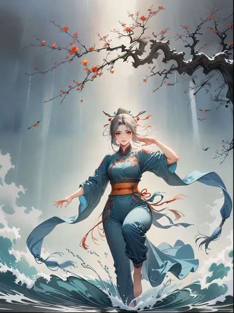 A Chinese girl is practicing Tai Chi, wearing a training suit with a background of Tai Chi diagram, water, fire, qi, and flowing movements. Her whole body is depicted in a Chinese style, with rich details, immortal energy, and Jojos wonderful adventure sty...