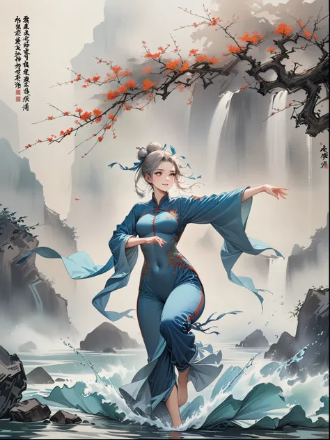 A Chinese girl is practicing Tai Chi, wearing a training suit with a background of Tai Chi diagram, water, fire, qi, and flowing movements. Her whole body is depicted in a Chinese style, with rich details, immortal energy, and Jojos wonderful adventure sty...
