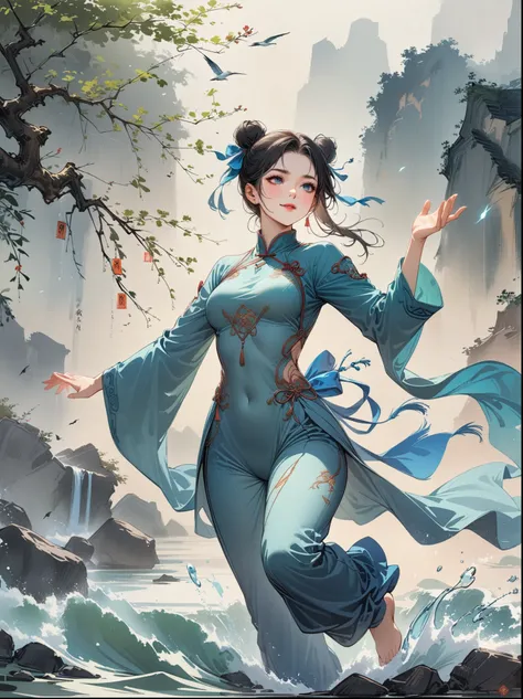 A Chinese girl is practicing Tai Chi, wearing a training suit with a background of Tai Chi diagram, water, fire, qi, and flowing movements. Her whole body is depicted in a Chinese style, with rich details, immortal energy, and Jojos wonderful adventure sty...