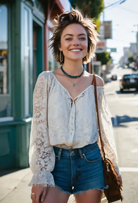 "Jordan, a young woman with short, tousled brunette hair and piercing blue eyes, stands confidently on a bustling street corner in San Francisco. She exudes an effortless coolness, wearing a flowy boho blouse paired with high-waisted skinny jeans and ankle...