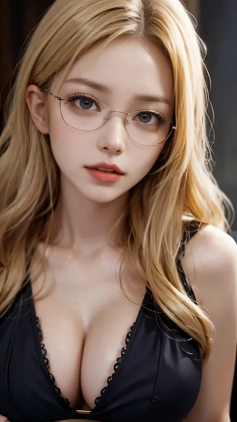 1 female,20th generation,round glasses,blonde hair,semi-long,Moist eyes,looking at the viewer,dynamic angle,cleavage,upper grade,Upper body,High definition,masterpiece,Highest image quality,8K,Super realistic,Chest and face are visible,sexy,