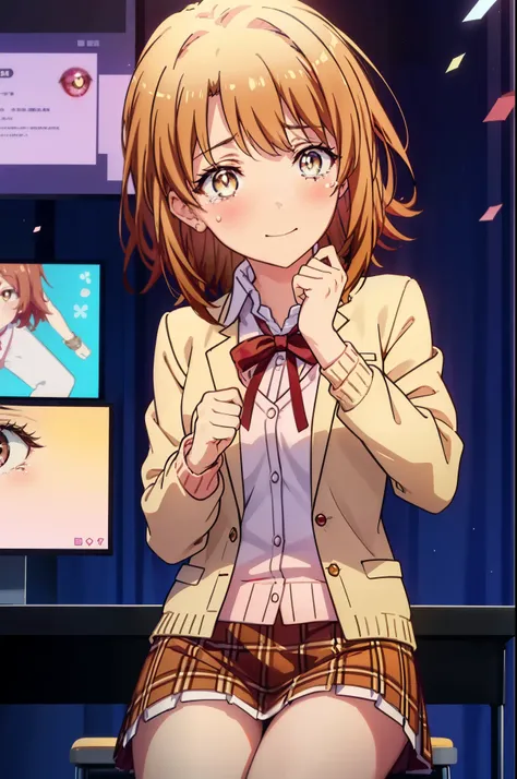 irohaisshiki, Isshiki Iroha, short hair, light brown hair, (Brown ruby eyes:1.5), smile,blush,tears run down her face,tears of joy、I cry a lot、break skirt, shirt, ribbon, , Jacket, white shirt, open clothes, socks, open Jacket, black Jacket, plaid, knee hi...