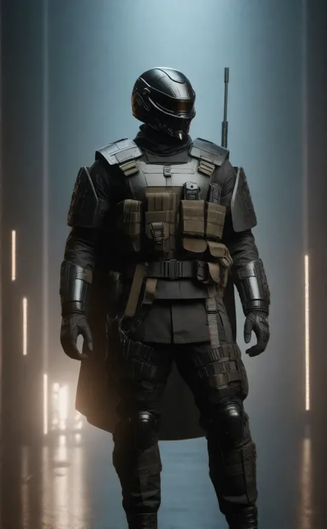 cinematic photo a man with a helmet with a tactical armour, tactical vest with ammo pouches, a black cape behind him flowing in ...