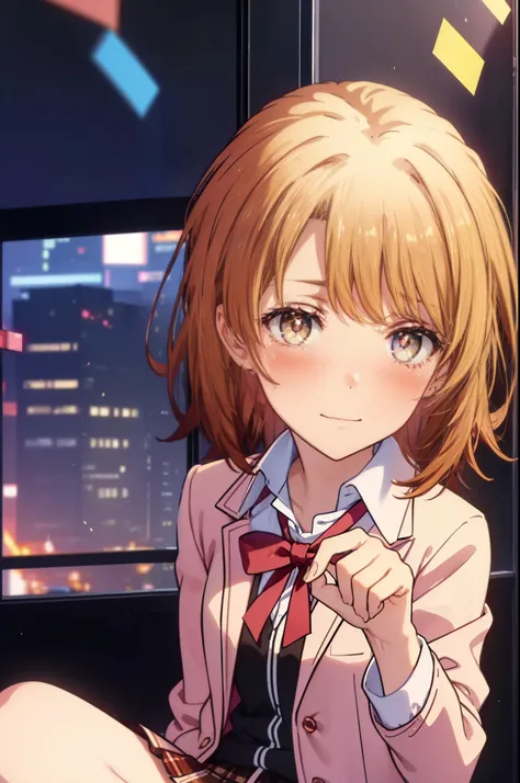 irohaisshiki, Isshiki Iroha, short hair, light brown hair, (Brown ruby eyes:1.5), smile,blush,tears run down her face,tears of joy、I cry a lot、break skirt, shirt, ribbon, , Jacket, white shirt, open clothes, socks, open Jacket, black Jacket, plaid, knee hi...