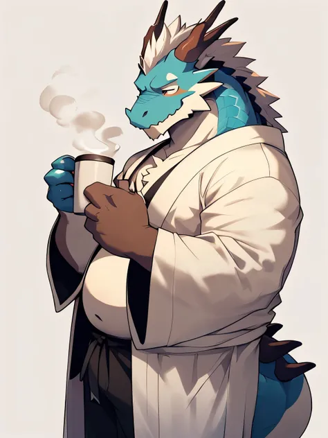 overweight red dragon man in a robe holding a cup, sleepy, dragon, but like an anthropomorphic dragon, thick, our dragon species, drinking coffee, SFW version, (SFW) safe for work, sleepy dragon, furry dragon, high quality fanart, young male anthro dragon