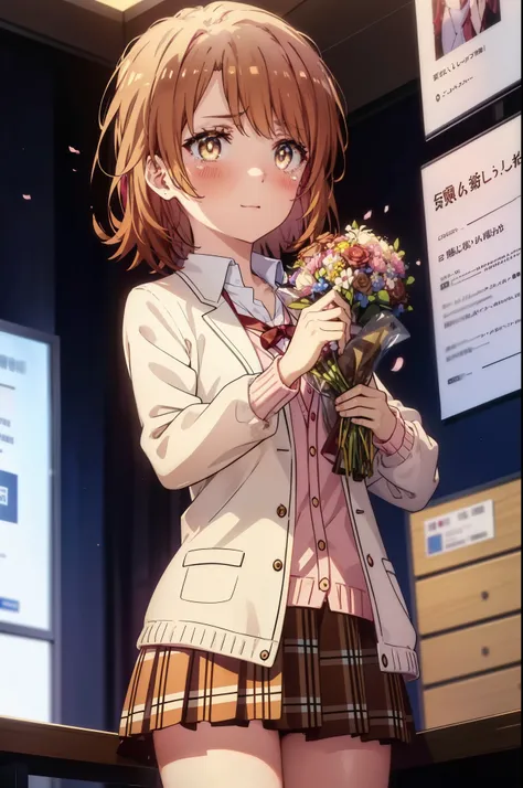 irohaisshiki, Isshiki Iroha, short hair, light brown hair, (Brown ruby eyes:1.5), smile,blush,tears run down her face,tears of joy、I cry a lot、break skirt, shirt, ribbon, , Jacket, white shirt, open clothes, socks, open Jacket, black Jacket, plaid, knee hi...