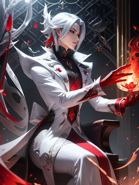 white shirt,(red black fire magic:1.2), league of legends สแปลชอาร์ต, devil,(red cross eyes:1.2),crystal,sit on the throne.,side...