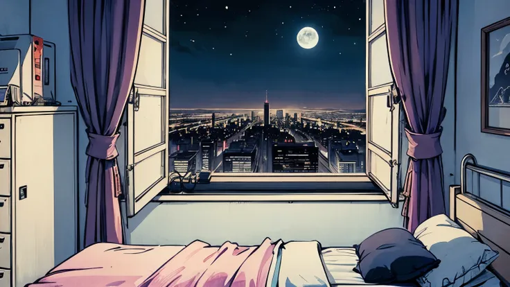 1 girl, 90s anime style, night, Studio Room, moon, Girl with headphones, late night room, listen to music alone, city pop, low quality, Lo-Fi, Chill, late night, Rooms for single people, dark room, futuristic night view outside the window, dark room