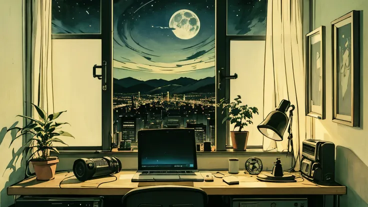 1 girl, 90s anime style, night, Studio Room, moon, Girl with headphones, late night room, listen to music alone, city pop, low quality, Lo-Fi, Chill, late night, Rooms for single people, dark room, futuristic night view outside the window, dark room