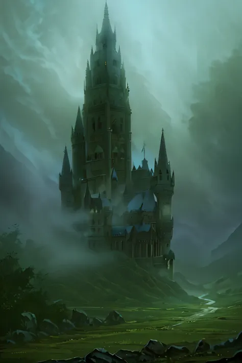 gothic castle, hill, bridge, river, painterly style, mist, atmospheric light