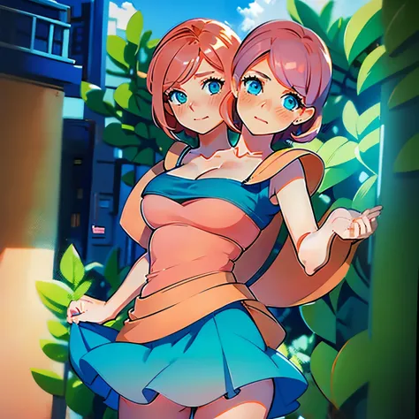 ((2 heads)), 2 headed woman with deep blue eyes, short brownish pink hair, bright green short skirt, one woman, large breasts, small blush, flirty, only one woman, beautiful face, correct anatomy, outside schoolyard background 