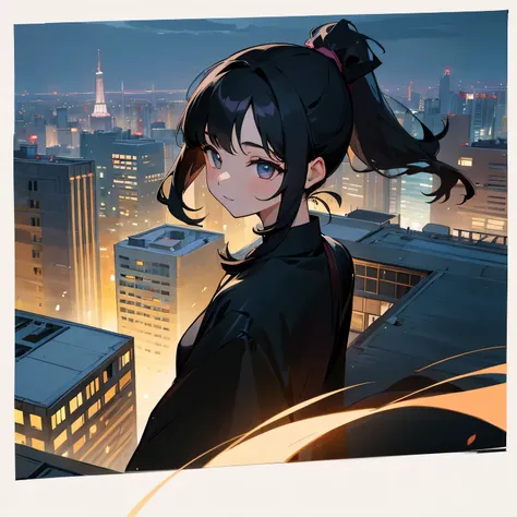 girl、black hair、ponytail、City of night、magic