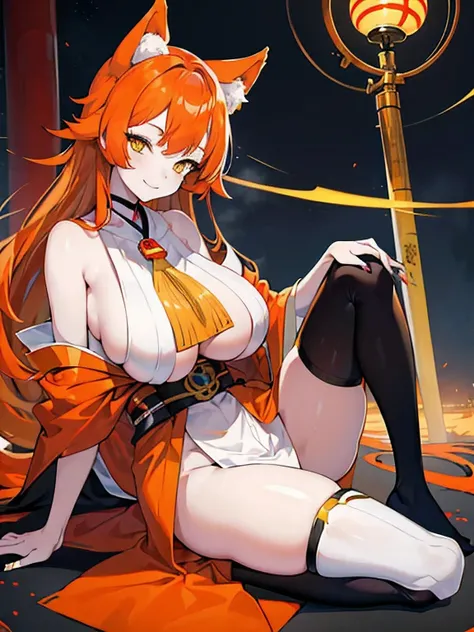 ((masterpiece))), best quality, sci-fi color scheme,(beauty face),kemomimi,NSFW,1 girl, japanese deity, (orange hair), yellow eyes, pale white skin,(huge boobs),beautiful hip line,mysterious smile, full body,nasty smile,black manicure,shrine maiden outfit,...