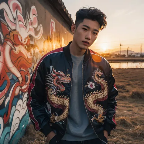 longshot photography, a korean man with short slickback highlight hair, wearing sukajan dragon jacket, standing next to a wall g...