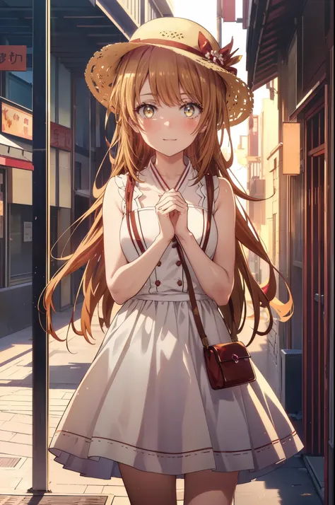irohaisshiki, Isshiki Iroha, long hair, light brown hair, (Brown ruby eyes:1.5), White long skirt integrated dress,Cute Sandals,straw hat,happy smile, smile, open your mouth,evening,sunset,The sun is setting. Break outdoors. ,building street,In town,
break...