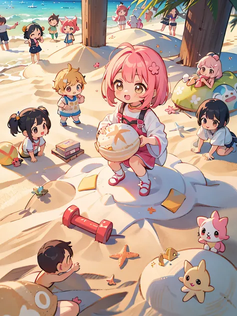 Momoko Sakura style, Kawaii Design, (((10 people)))、most beautiful girl ever、Chibi, Colorful bob hair、((Lots of friends))、children&#39;s room、(((Playing in the sand together)))