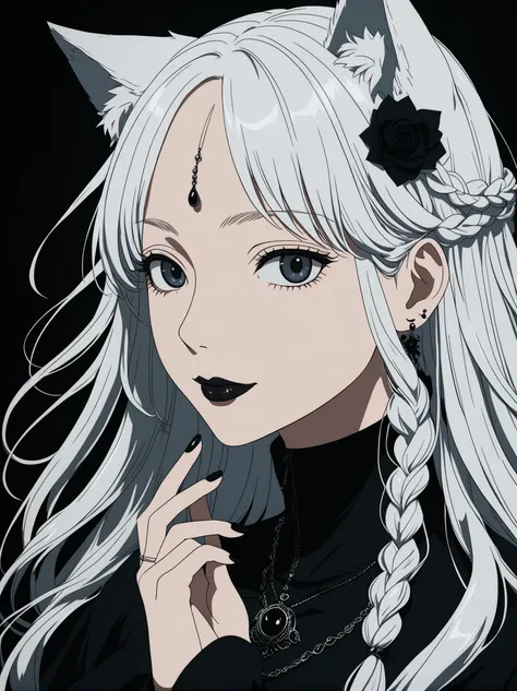 studio ghibli anime ,screencap , masterpiece, best quality, highly detailed, shading,（fullbody shot：3.0）, Goth woman, perfect face, beautiful eyes, perfect eyes, thick eye lashes, beautiful face, dark makeup, dark lipstick, wearing, happy, pale skin, smili...