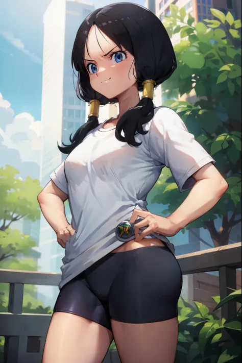 videl,Saw 2,low twintails,white t-shirt,Badge, bicycle_shorts,Green running shoes,smirk,put your hands on your hips,High school,tilt one's head,