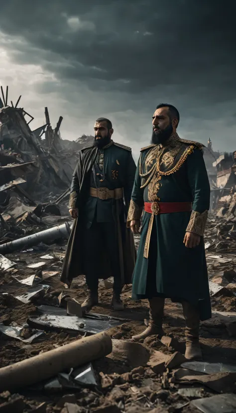 A final shot of Sultan Qutuz and Baibars standing triumphantly amidst the wreckage of the battlefield, their victory secured, background dark, hyper realistic, ultra detailed hyper realistic, photorealistic, Studio Lighting, reflections, dynamic pose, Cine...