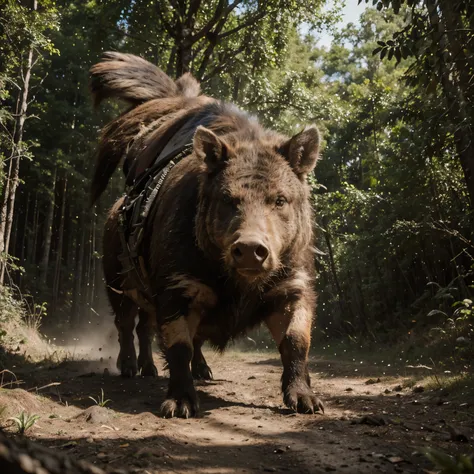 (best quality,highres,ultra-detailed:1.2), realistic,nature,portrait,wild boar,cycling,animal,wilderness,bicycle,rustic,scenery,texture,rough,framed,countryside,sunlit,forest,muddy road,greenery,earthy colors,adventurous,trailblazing,untamed,wildlife,untou...