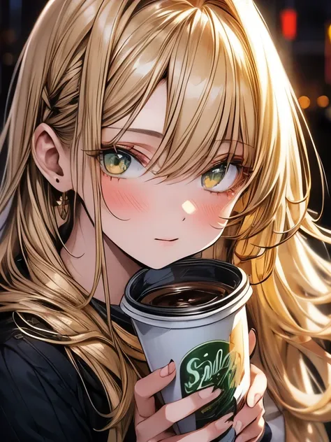 realistic, 1girl, golden hair, green eyes, coffee, selfie