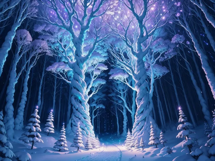 An intricate and stunning display of fairy lights, with glowing pastel lights, delicately wrapped around white trees in the white forest, there are vibrant colors all around in the flowers, dusk, ambient light, fantasy style, prism Sonoluminescence lightin...