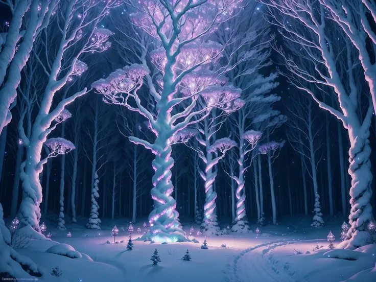 An intricate and stunning display of fairy lights, with glowing pastel lights, delicately wrapped around white trees in the white forest, there are vibrant colors all around in the flowers, dusk, ambient light, fantasy style, prism Sonoluminescence lightin...