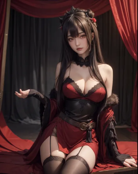 Gothic warrior queen wearing dark red kimono robe and midi skirt, satin, fur, (stockings), Decolletage, natural breasts, because I&#39;thin, zettai ryouiki, medium length hair, Beautiful detailed golden eyes, portrait, most realistic, highest quality, best...