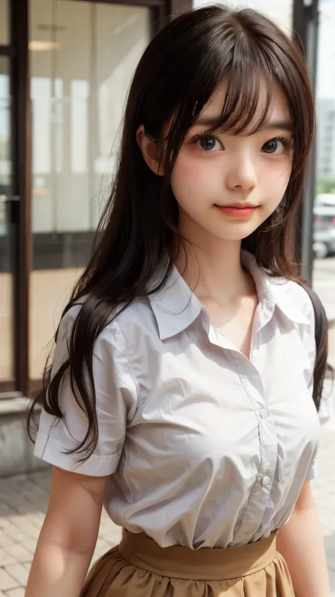 ((sfw: 1.4)), ((sfw, , collared shirts, white shirts, short sleeve, tie, short skirt, smiling face, at school, 1 girl)), ultra high resolution, (real: 1.4), RAW photo, highest quality, (photorealistic), focus ,Soft light,((15 years old)),((Japanese)),(((Yo...