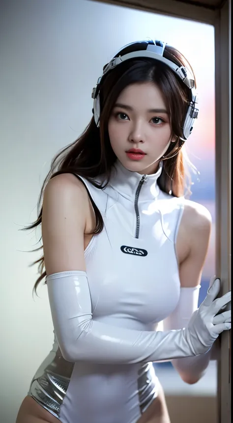 1 brunette beauty, (white) (one piece bodycon latex suit), (space suit) ((space helmet))((white gloves), {{illustration}}, {ulti...