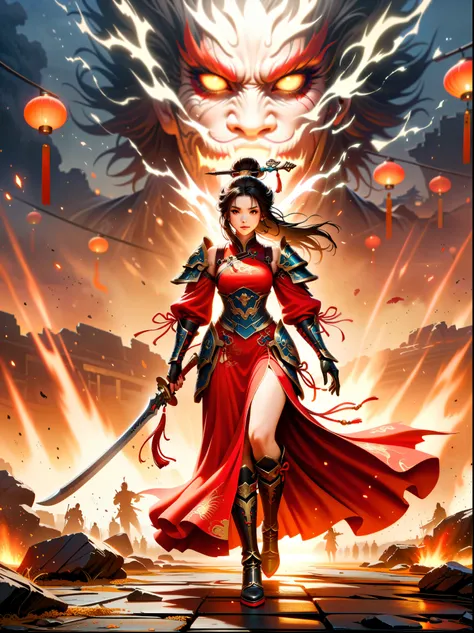 Chinese style, ancient battlefield, an ancient Chinese female general, holding a sword in her hand, grim expression, full body, amazing facial features, red robe, armor, boots, yellow sand in the sky, firelight, game model, stunning lighting, OC rendering,...