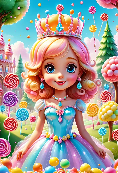 draw the imaginary kingdom of candyland,a girl wearing a pop-patterned dress like a candy wrapper will give you candy as a gift....