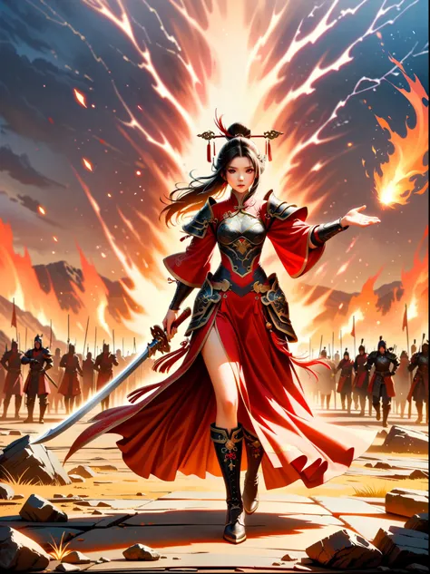 Chinese style, ancient battlefield, an ancient Chinese female general, holding a sword in her hand, grim expression, full body, amazing facial features, red robe, armor, boots, yellow sand in the sky, firelight, game model, stunning lighting, OC rendering,...