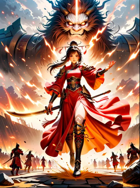 Chinese style, ancient battlefield, an ancient Chinese female general, holding a sword in her hand, grim expression, full body, amazing facial features, red robe, armor, boots, yellow sand in the sky, firelight, game model, stunning lighting, OC rendering,...