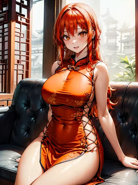 sexy woman、((orange hair woman:1.3))、straight hair woman、long hair woman、((beautiful busty woman:1.3))、(a woman wearing an orang...