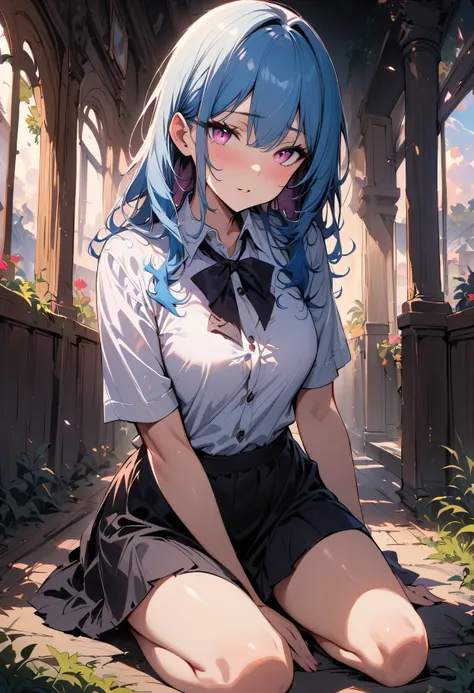 (detailed beautiful eyes and detailed face, masterpiece side light, masterpiece, best quality, detailed, High resolution illustration), (1 girl, beautiful girl, shiny skin), (sky blue hair, pink eyes, skirt, ribbon, button shirt)(Kneeling on the ground)