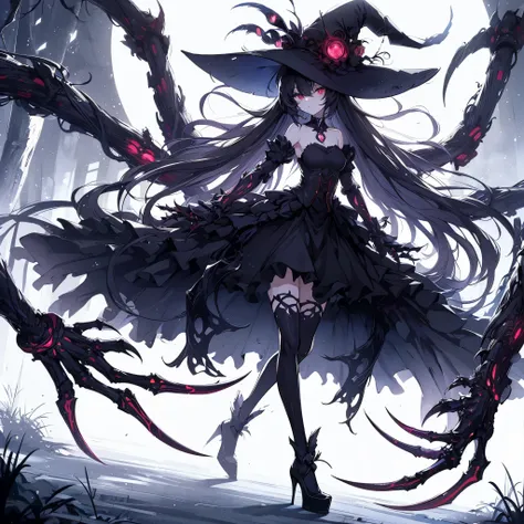 (masterpiece, Best Quality), (Perfect athlete body:1.2), (detailed hairs), Ultra-detailed, Anime style, Full body, Solo, Cyberpunk witch girl, in black magical girl dress, black hair, red eyes, limbs mutated and transformed into magical beast claws, shadow...