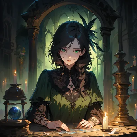 (best quality,4K,Super detailed,actual:1.2),Mysterious girl,gothic portrait,(plunder),intense gaze,pale skin,Long black hair fluttering in the wind,Dark and creepy atmosphere,Tarot card pattern,Fortune teller&#39;s table,crystal ball,Candles flickering in ...