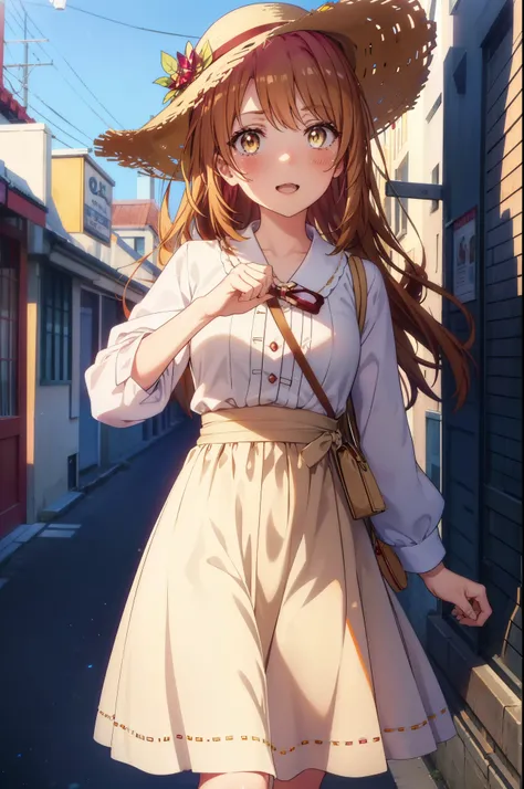 irohaisshiki, Isshiki Iroha, long hair, light brown hair, (Brown ruby eyes:1.5), White long skirt integrated dress,Cute Sandals,straw hat,happy smile, smile, open your mouth,daytime,Clear skies,Looking up from below,whole bodyがイラストに入るように,
break outdoors ,b...