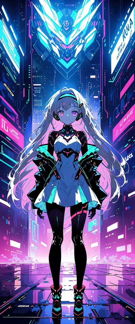 anime girl wearing a dress and headband standing in front of a building, digital cyberpunk anime art, digital cyberpunk - anime ...