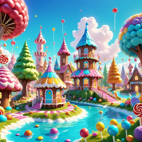 chocolate，gingerbread man，candyland。candy castle。candy ferris wheel。fantasy candy castle。colorful。rich colors。c4d，rendering。cord...