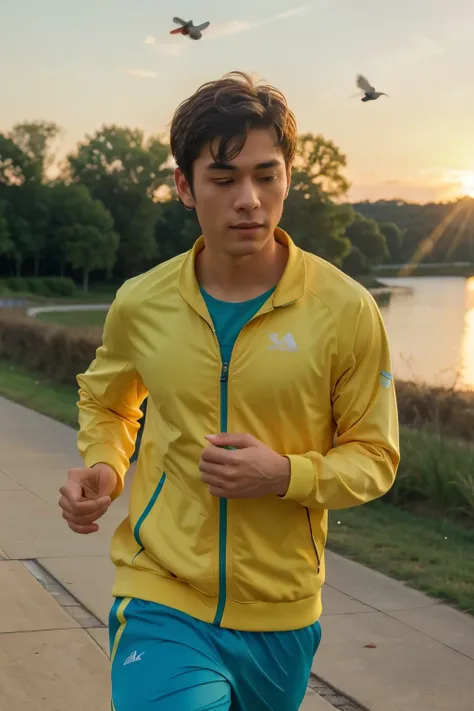 A scene of sunrise, birds are seemed to be very small while flying, there is a lake which can be seen from a distance and on seeing you can hardly see a boy wearing track-suit . He is a character of Japanese anime. He is jogging while listening to music du...