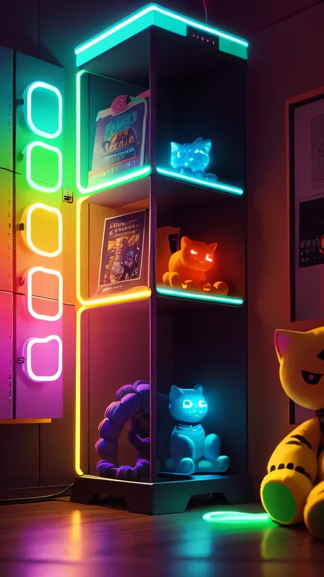 Giants Monster toy shelf with neon light, toy cat, toy robot, 8k