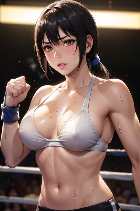 Female boxer right straight punch, upper body, dramatic, masterpiece, sweat, high quality, arm extended punch