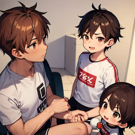 Masterpiece, anime style, chibi, illustrated logo, medium short shot, Twitch emote of a boy, brown hair, low faded haircut, short hair, combed to the right side, with Roma A team jersey, Happy, Adorable, Giving like 